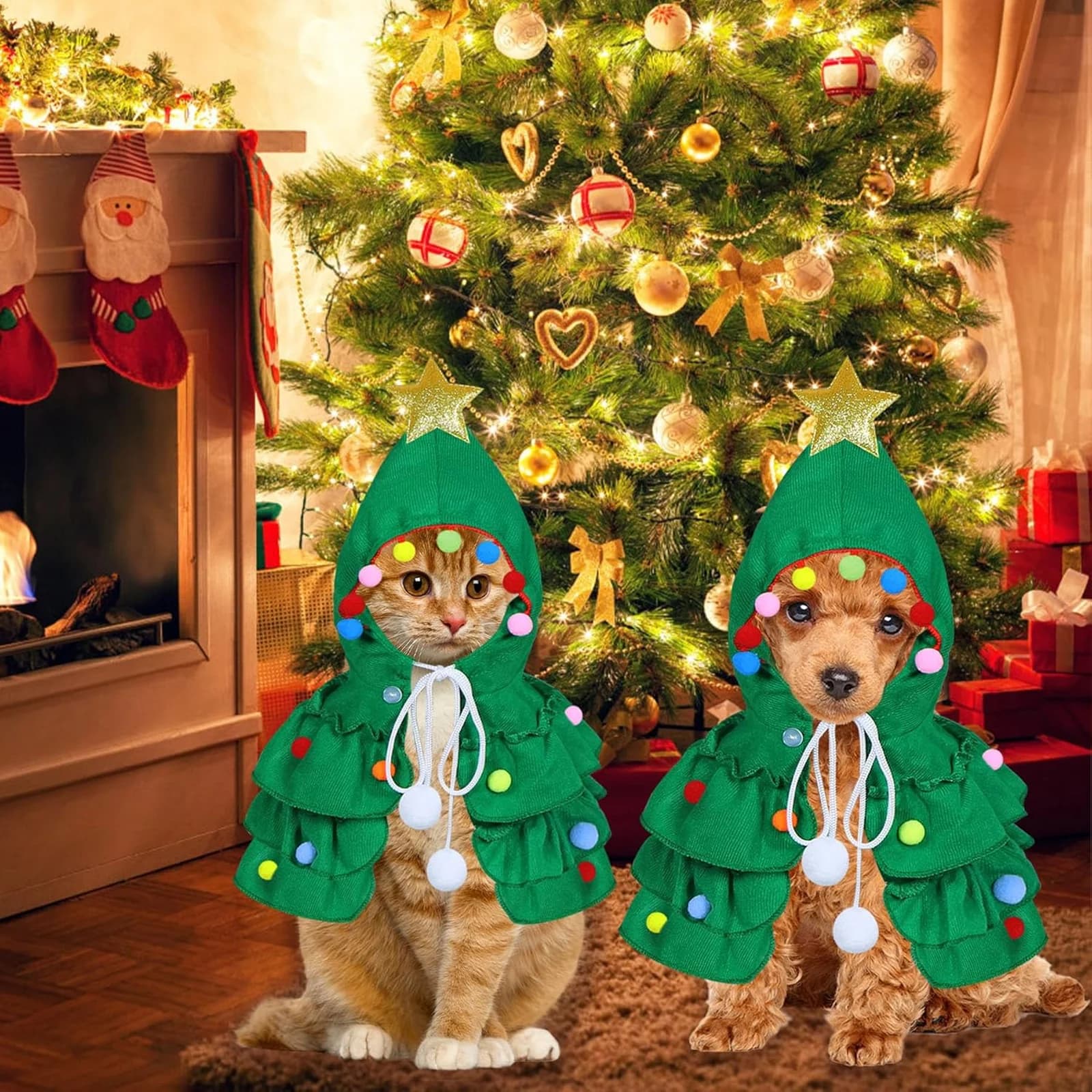 A cat and a small dog side by side in green tree costumes in front of a Christmas tree