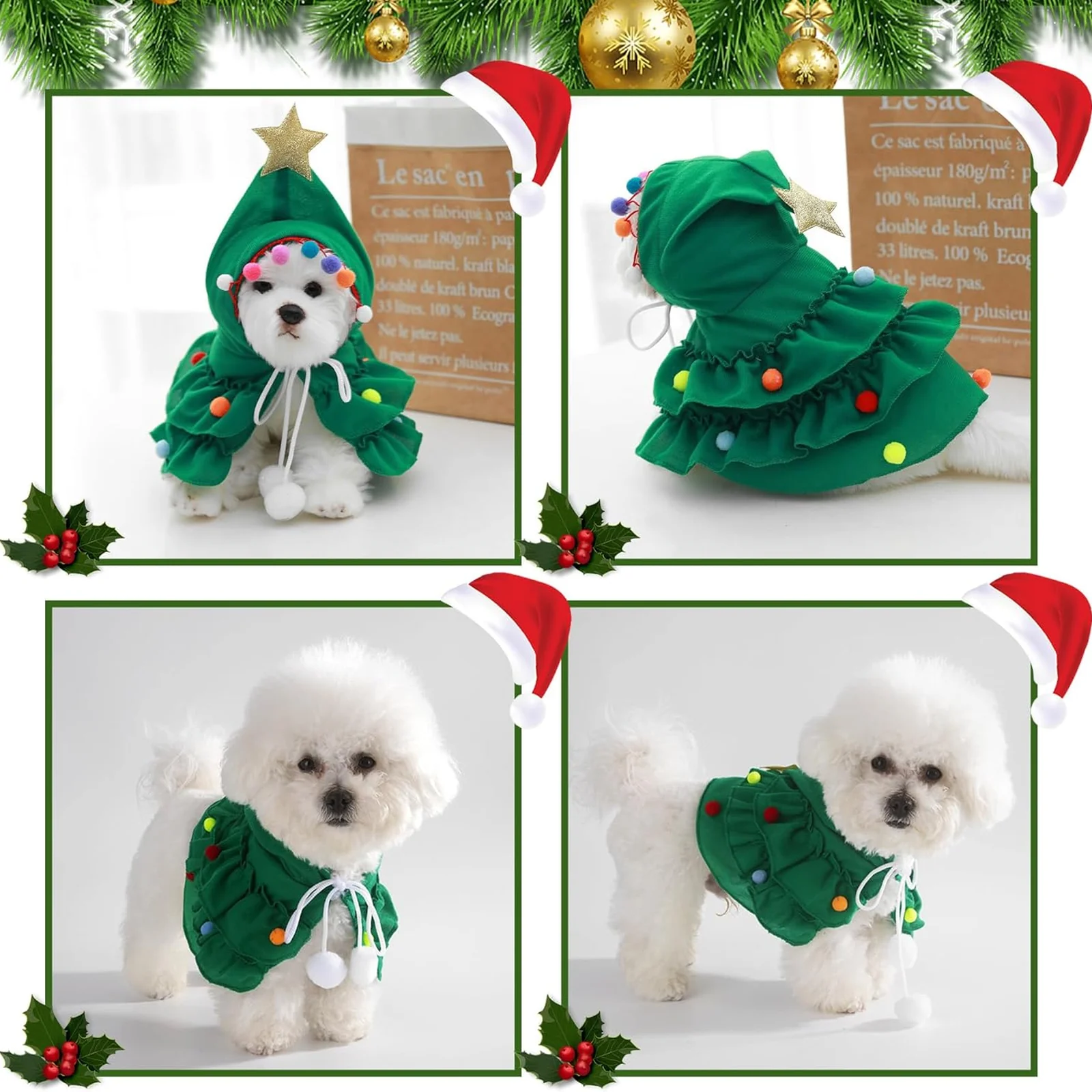 Front, back and side views of the costume on a small dog