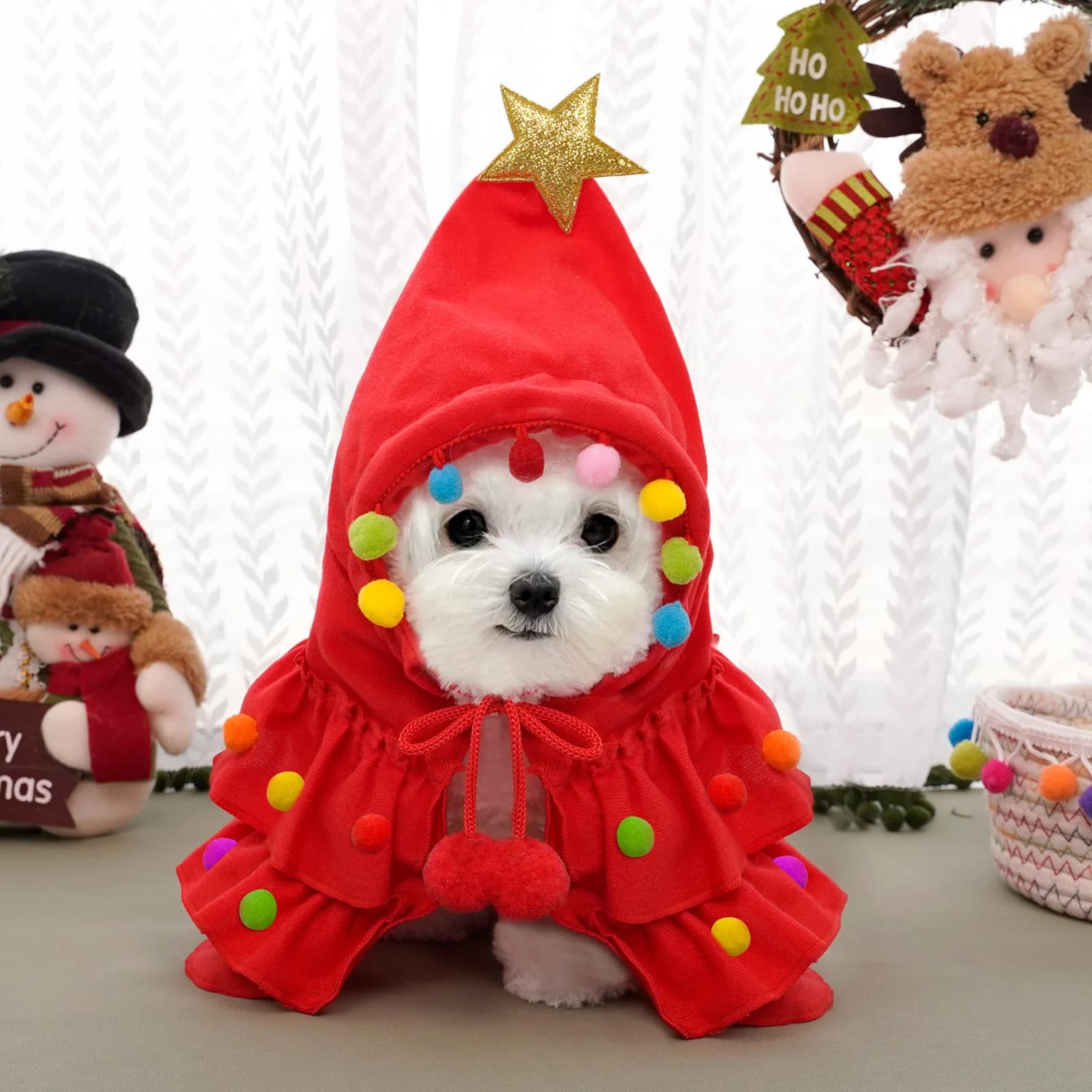 Red Christmas tree cape on a fluffy white dog