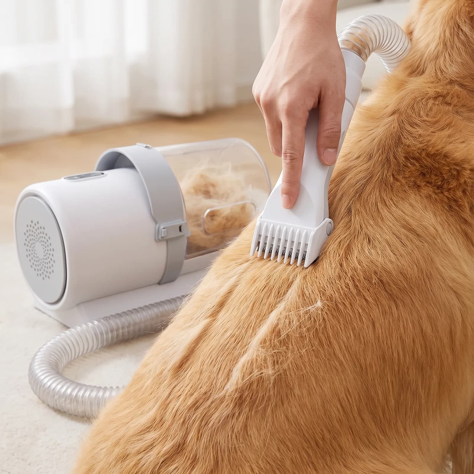 The clipper head trimming a golden retriever's coat while the vacuum collects the hair