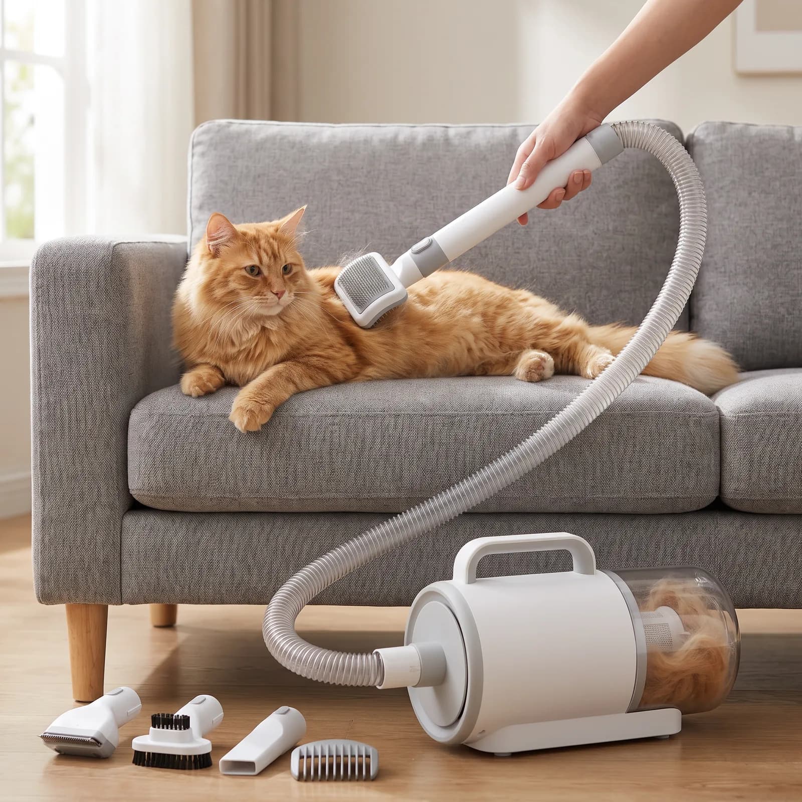 A long-haired cat relaxing on the sofa while being brushed with the vacuum brush head