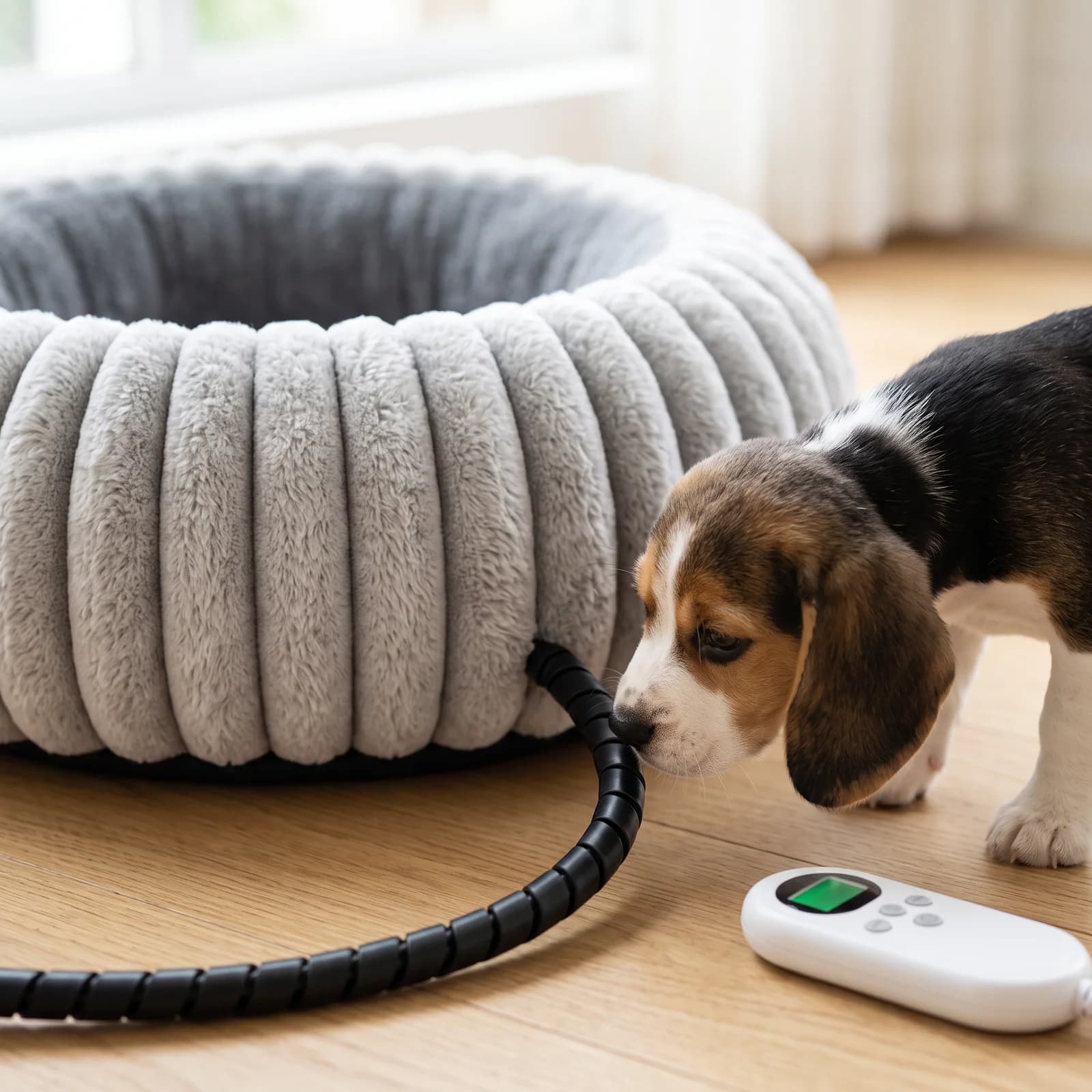 Beagle puppy sniffing the spiral-wrapped chew-resistant power cord
