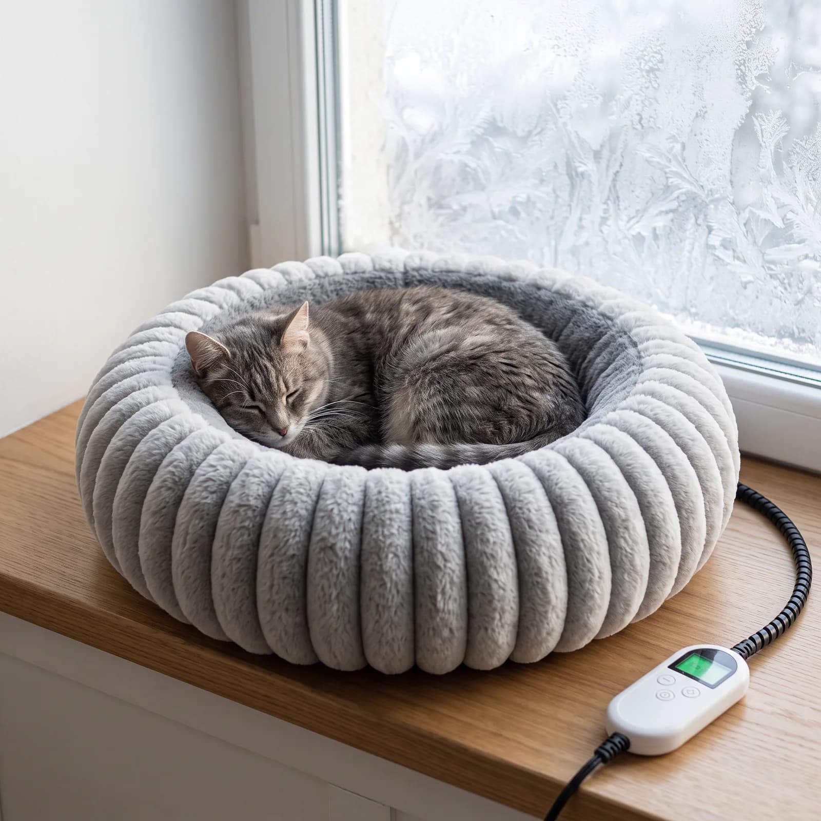 Senior tabby cat curled up asleep in the grey heated bed on a windowsill