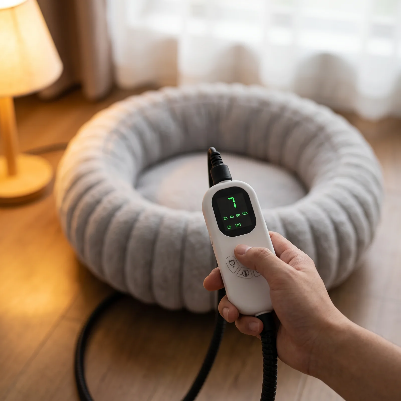 Hand holding the white LCD controller set to level 7 with the heated bed behind