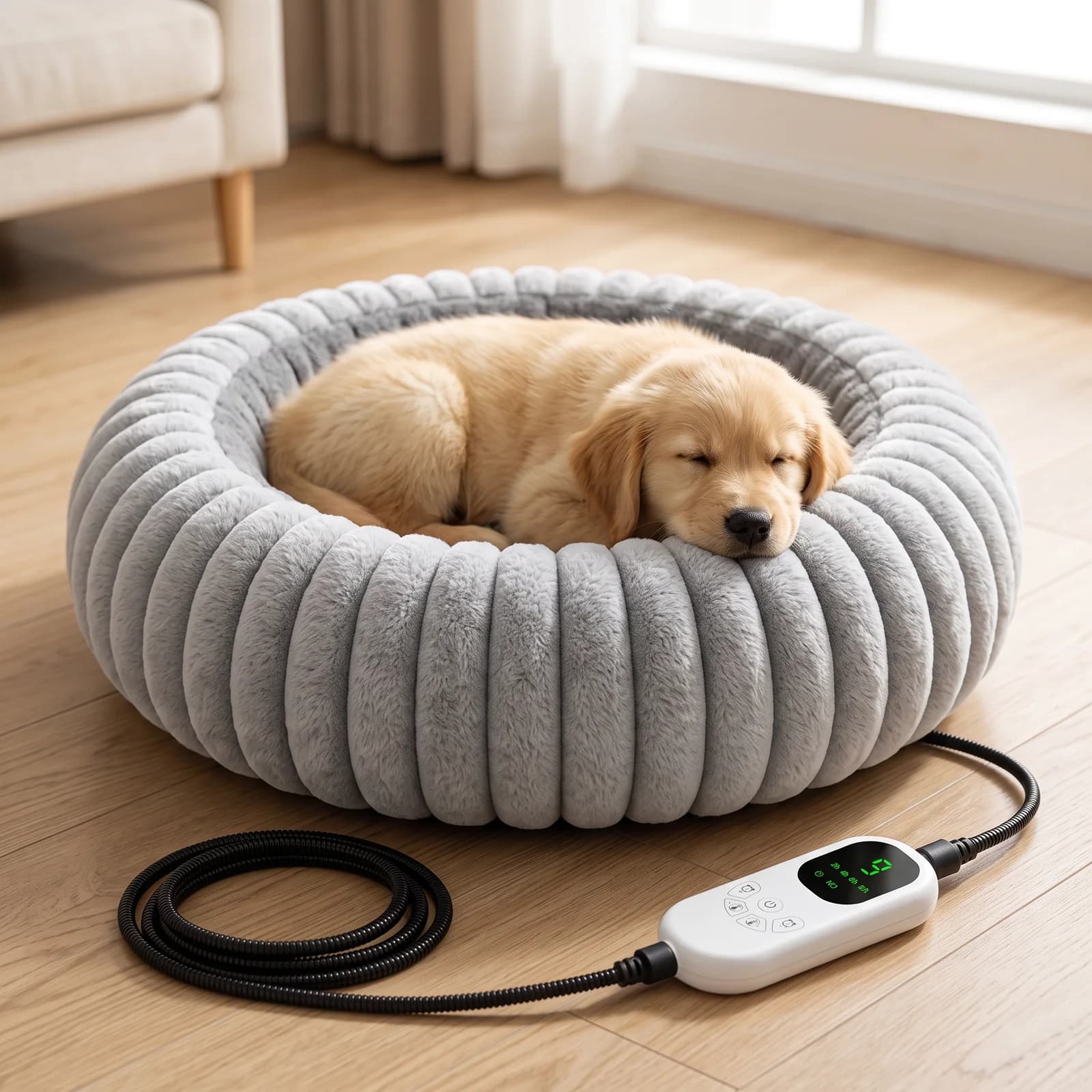 Golden retriever puppy asleep in the grey heated donut bed with the white temperature controller beside it