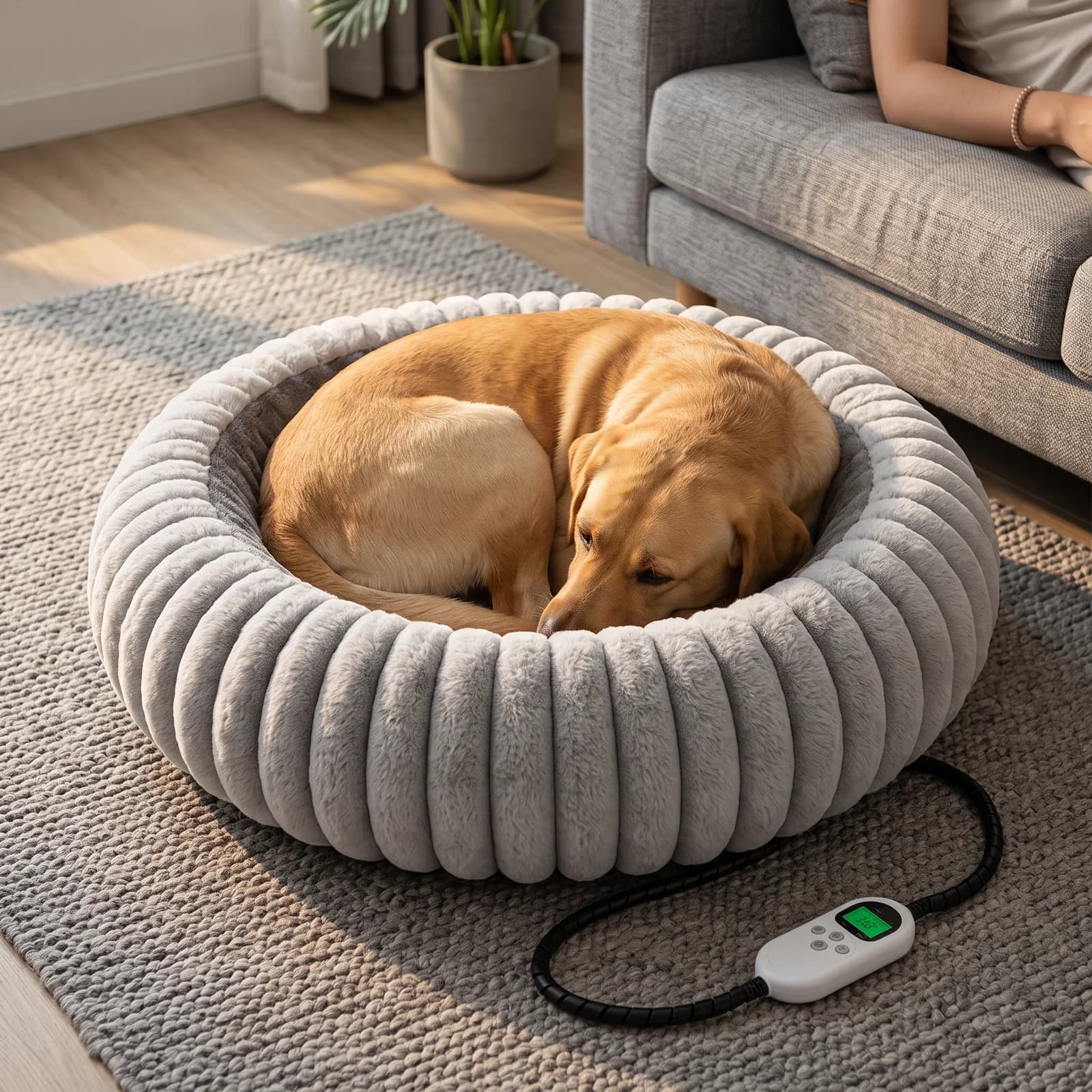Adult yellow labrador curled up in the large heated bed on a living-room rug
