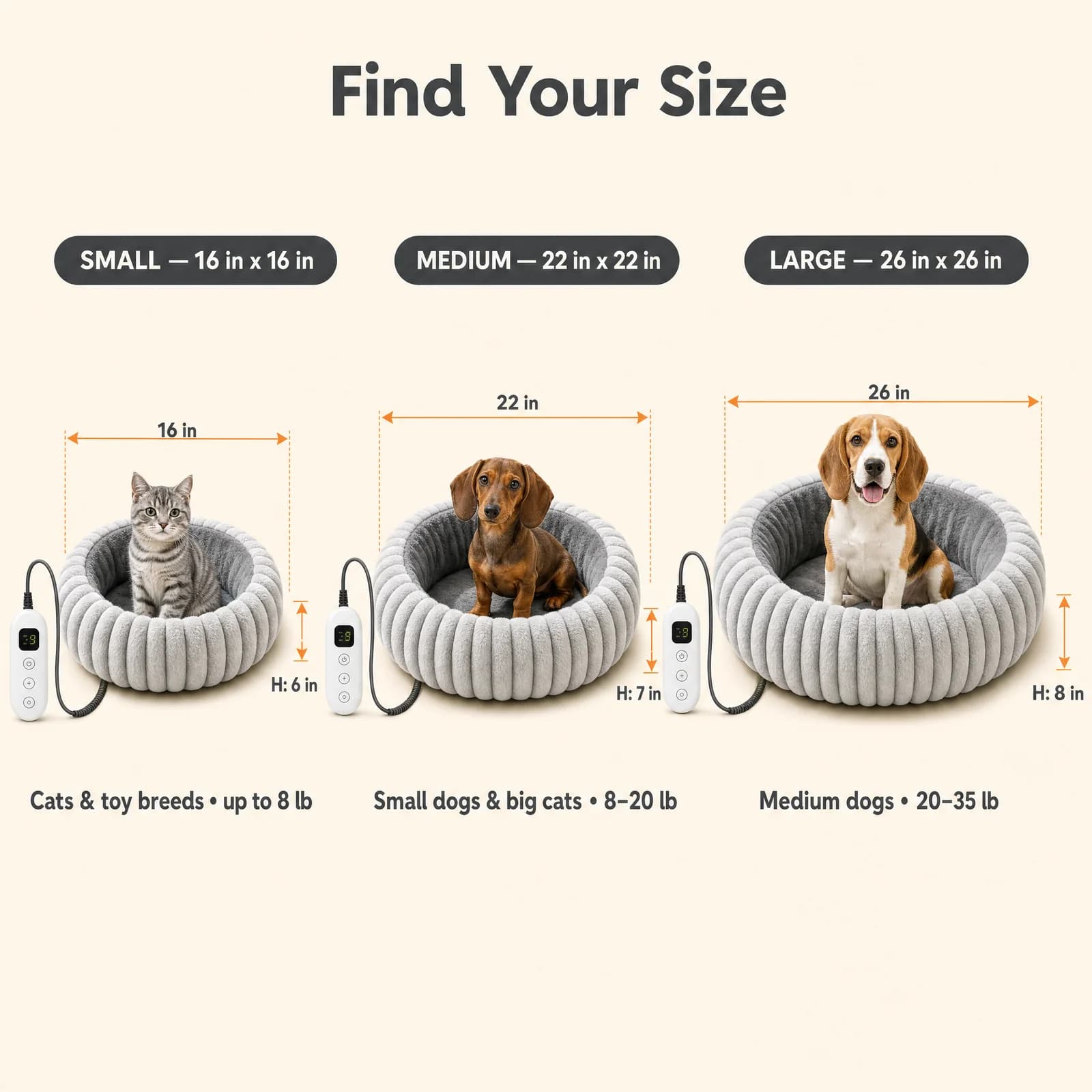 Size chart: S 16 in for cats and toy breeds up to 8 lb, M 22 in for 8-20 lb, L 26 in for 20-35 lb