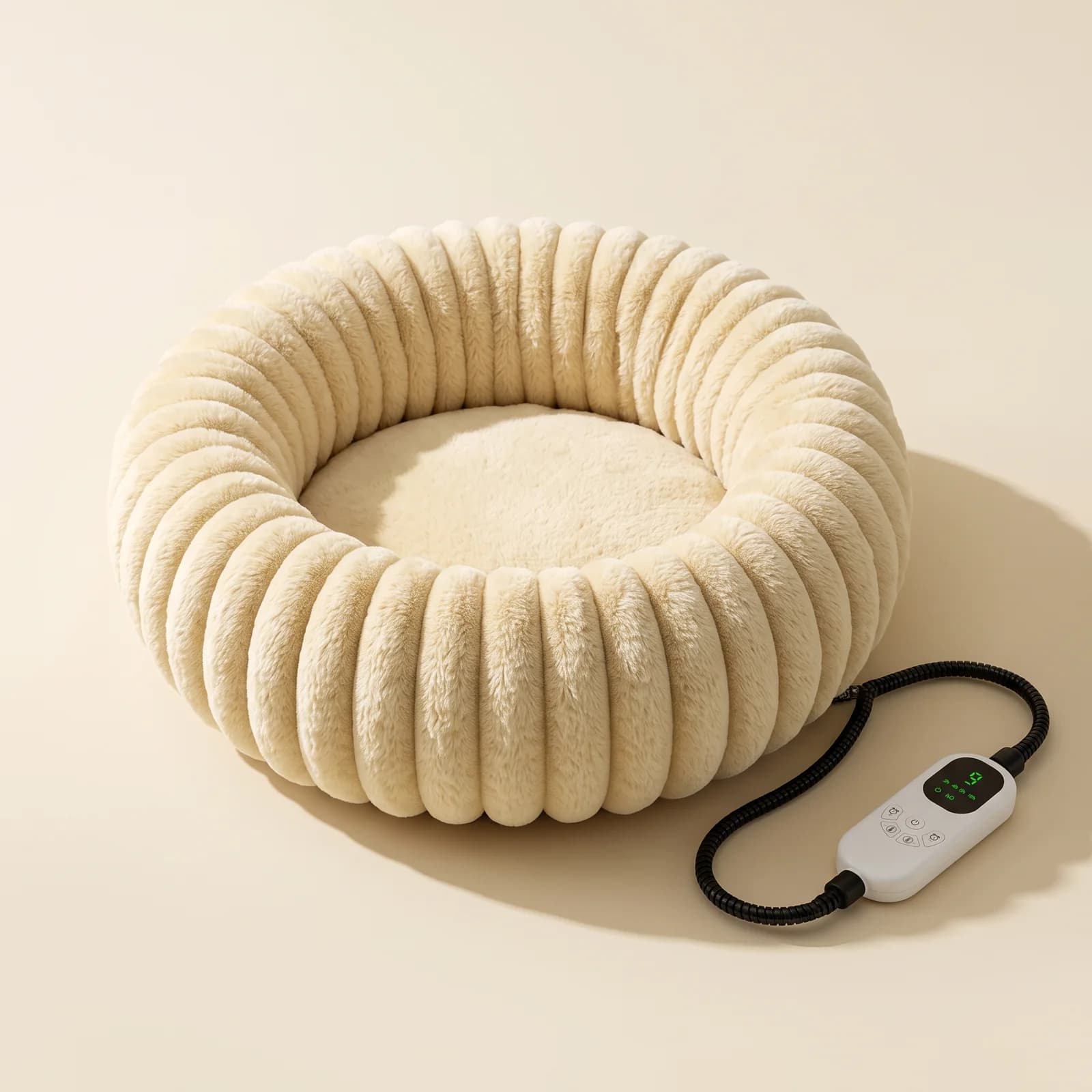 Butter-yellow heated donut bed with its controller on a cream background