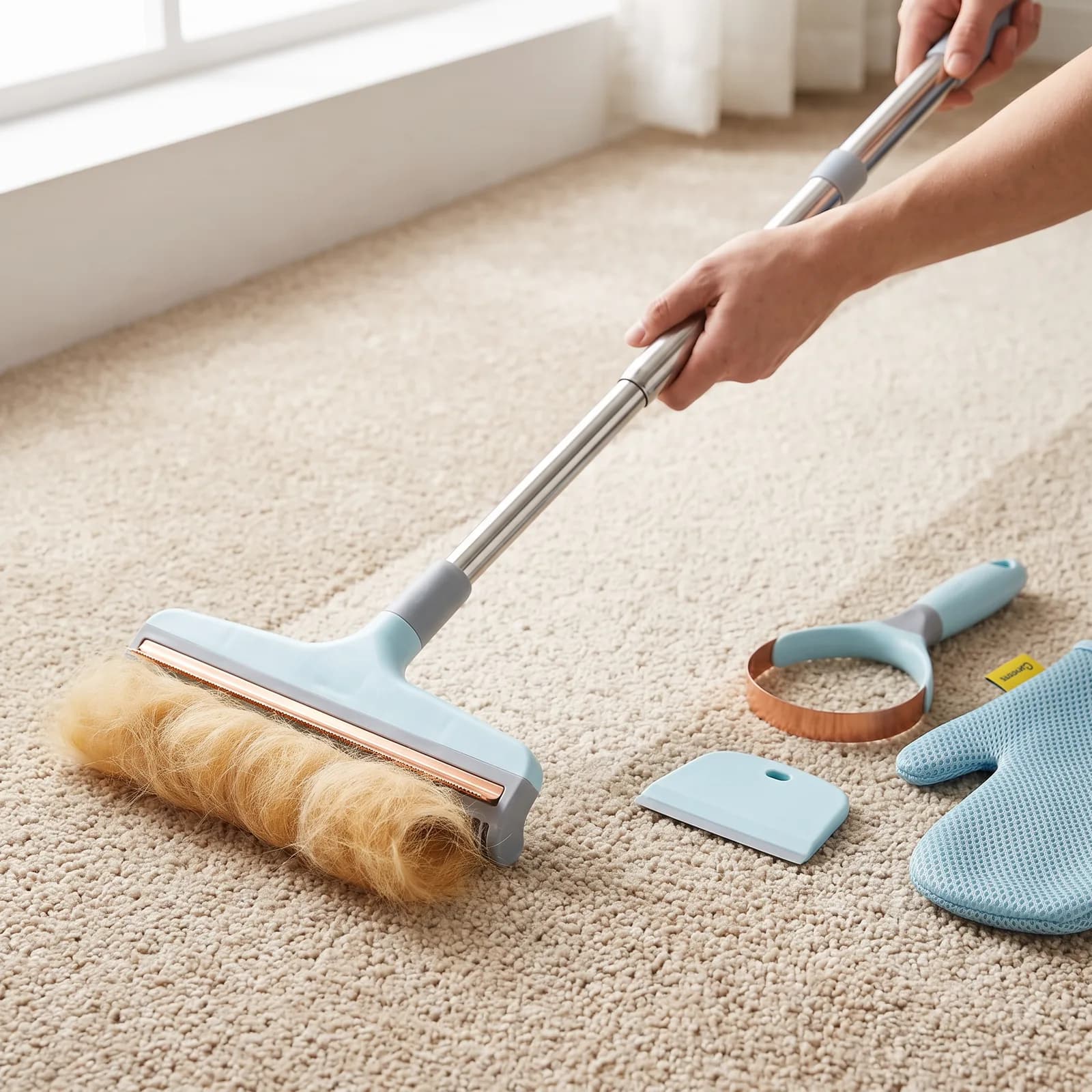 The carpet rake rolling up a thick line of dog hair